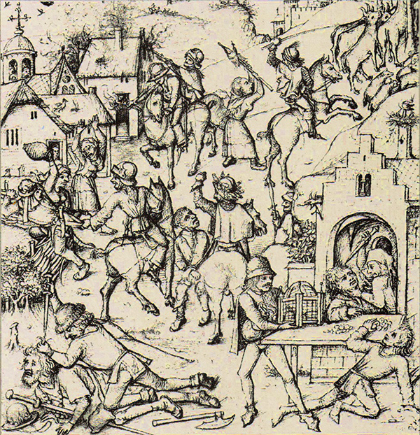 Überfall auf ein Dorf. Zeichnung im Mittelalterlichen Hausbuch, um 1480